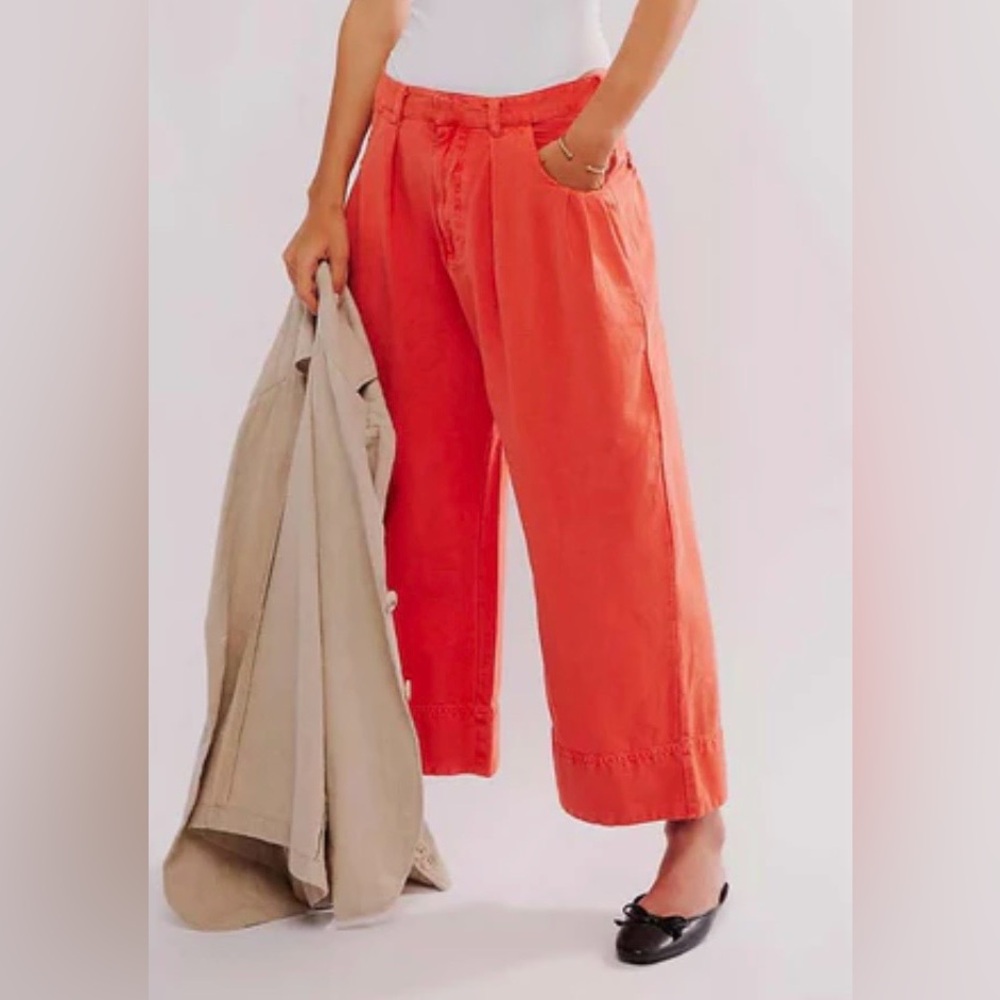 Free People Wide Leg Cropped Pants in Coral Red